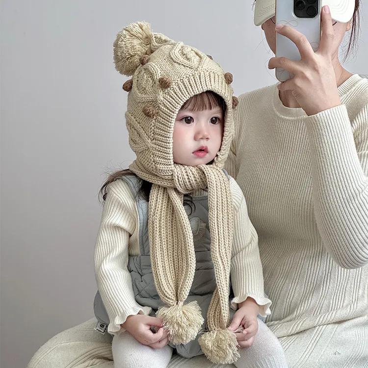儿童帽子围巾一体帽冬天毛线帽男女宝宝加厚保暖带围脖针织护耳帽