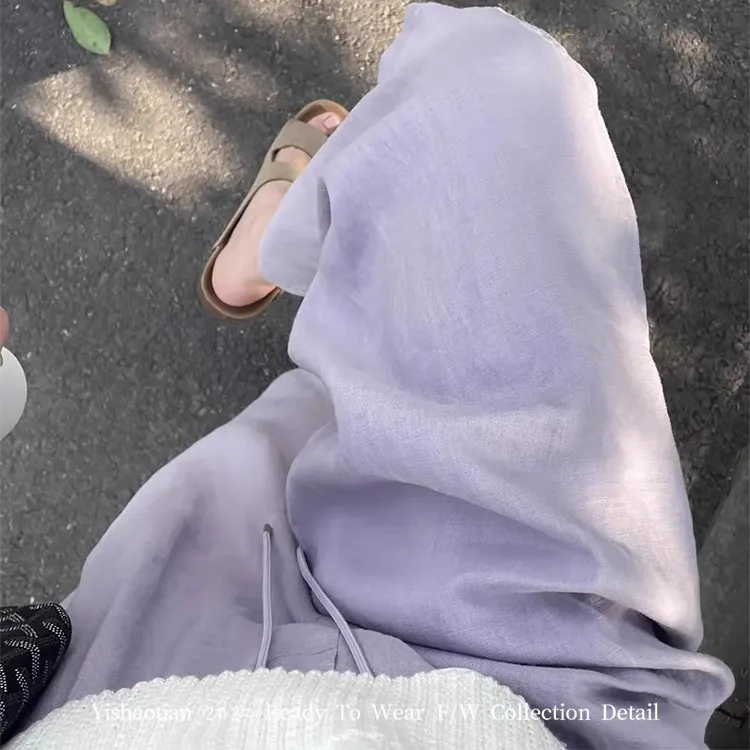 老钱风紫色抽绳亚麻阔腿裤女2025夏季新款高腰宽松显瘦垂感休闲裤