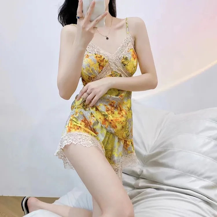 浔觅/Xunmi 夏季新款女碎花黄色战袍性感吊带家居服套装睡裙