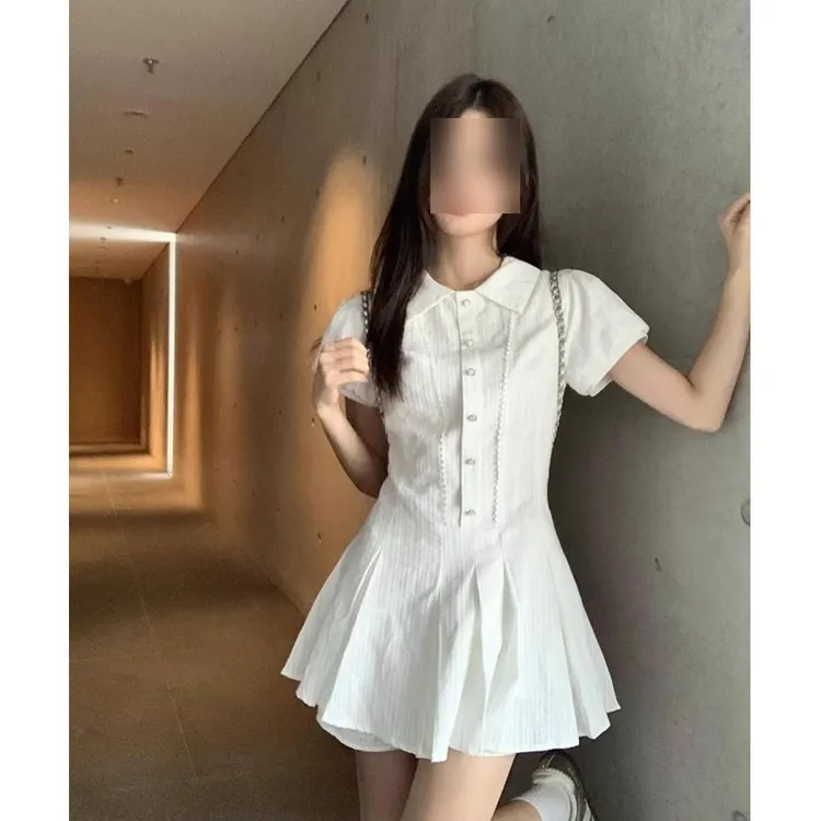 学院风甜美气质衬衫连衣裙女夏季收腰小个子设计感翻领泡泡袖短裙