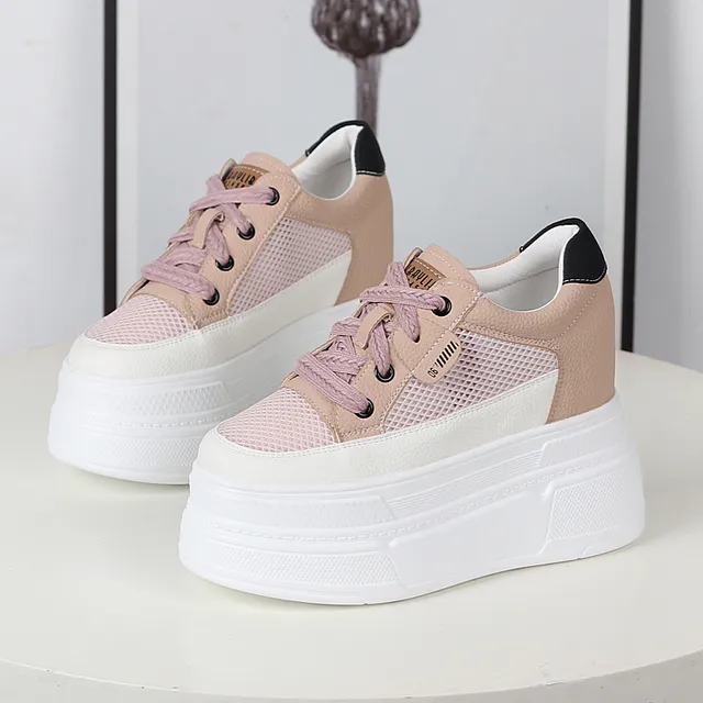 超高跟12cm网面透气小白鞋女夏季新款松糕厚底休闲鞋内增高网鞋女