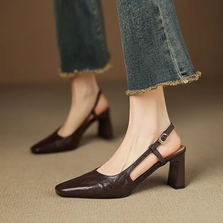 【韩国JTG&Shoes官方正品】法式复古棕色真皮方头一字扣带凉鞋女