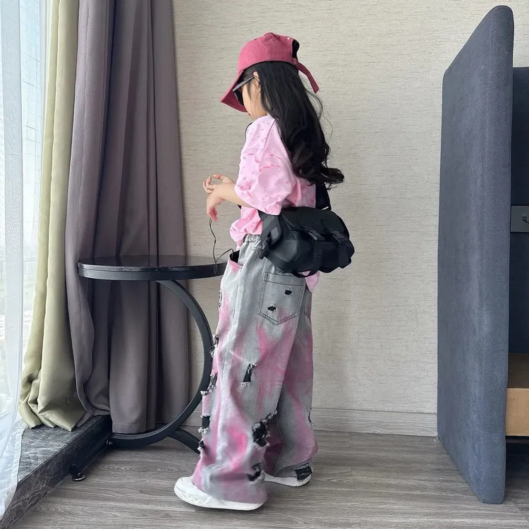 儿童夏季潮酷街舞风痞帅喷色破洞牛仔裤中大童嘻哈个性潮流短袖T