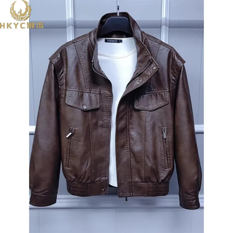 HKYC春秋季新款潮牌短款立领皮衣夹克男士时尚休闲百搭皮外套潮