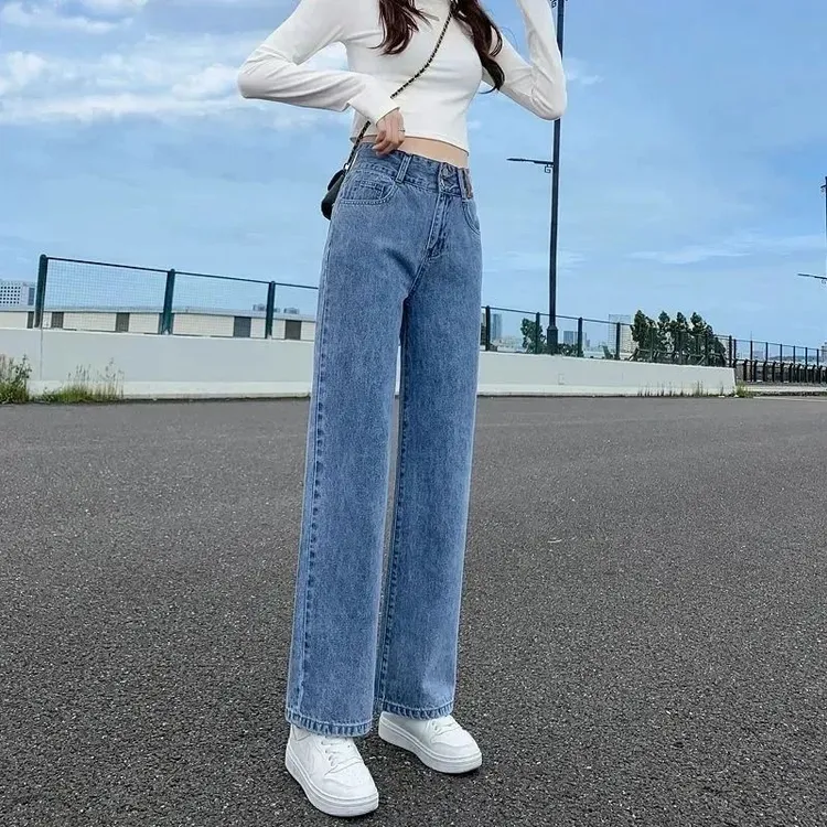 春秋新款高腰阔腿直筒牛仔裤女百搭显高显瘦宽松九分垂感拖地裤