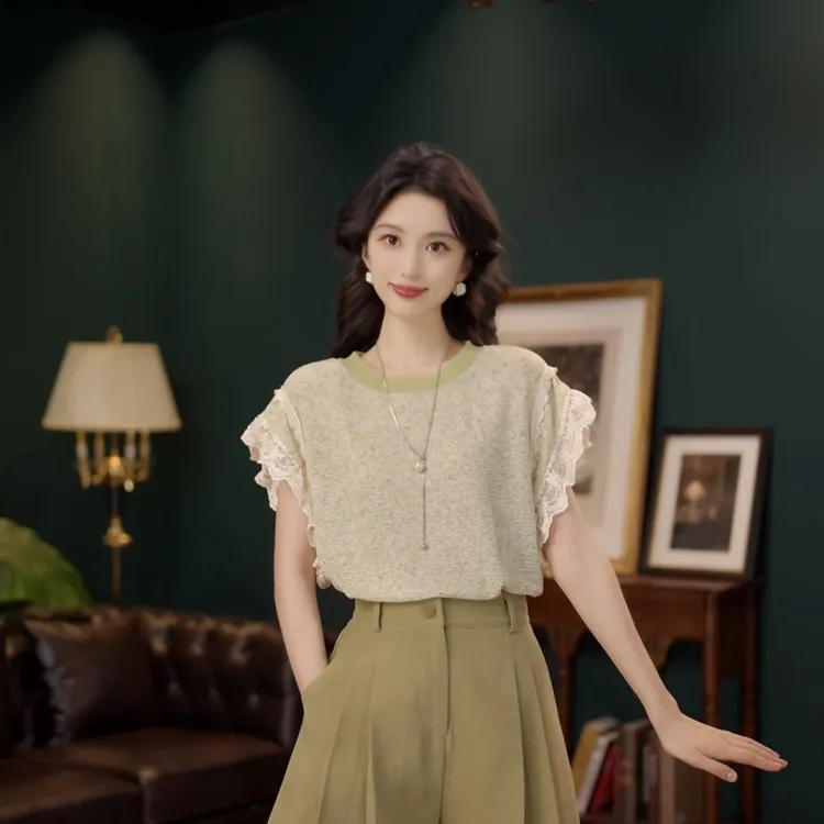 琦琦【生椰抹茶】甜美休闲百搭小众短袖女夏季上衣YF1102557