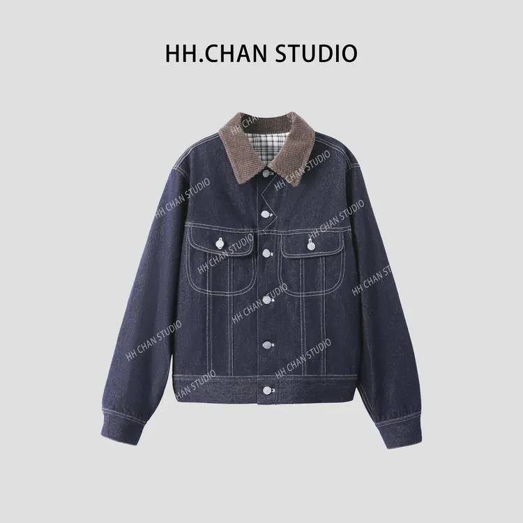 HH.CHAN“无畏牛仔”定制水洗高定格子拼接牛仔翻领外套HH5337480