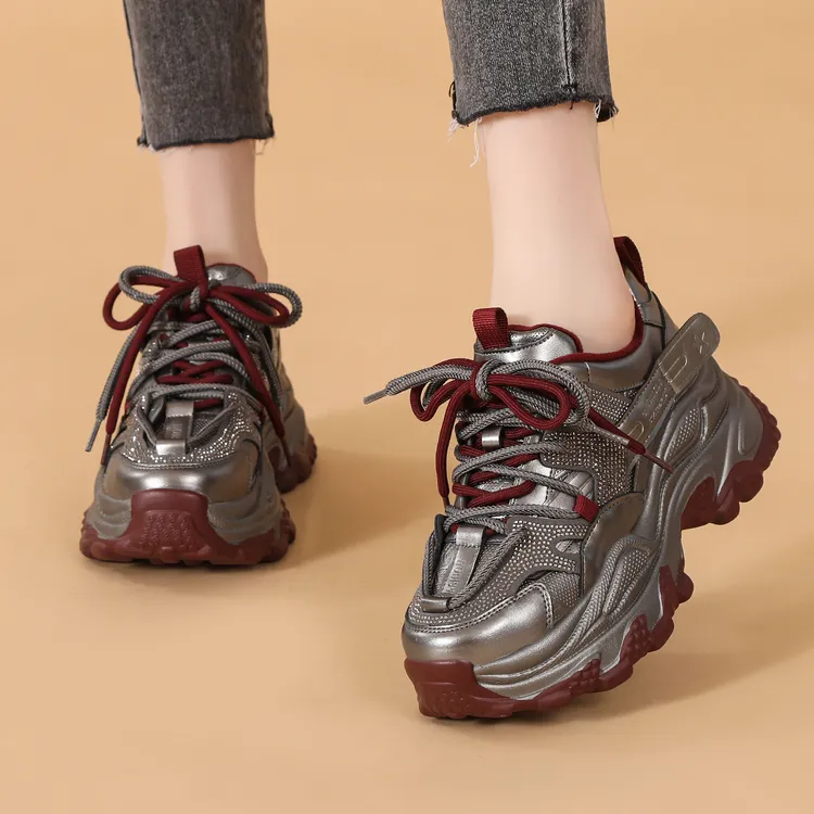 厚底女款软底老爹鞋女时尚增高休闲鞋潮酷秋冬水钻银色加绒保暖鞋
