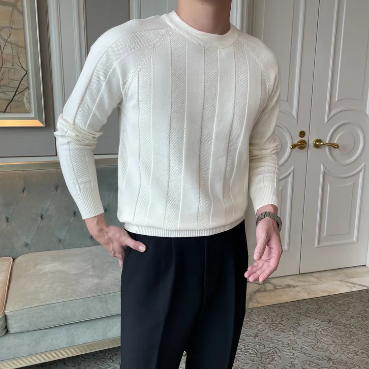 秋冬休闲竖条纹圆领针织衫男士插肩袖黑色商务修身高级感保暖毛衣