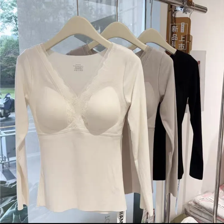 女士带胸垫V领蕾丝长袖椰子精油磨毛发热保暖打底上衣