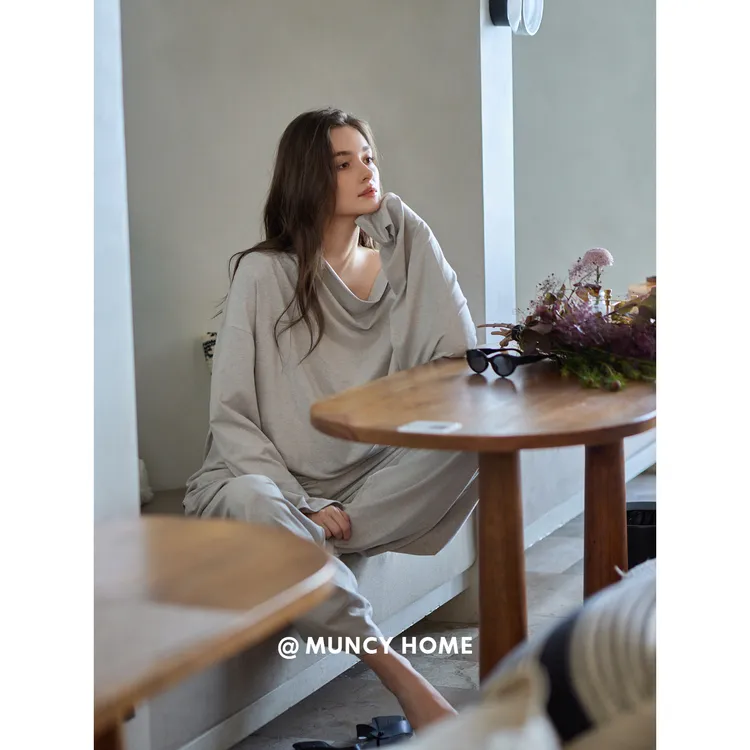 曼系“懒人乘机套装”睡衣女春秋简约宽松荡领可外穿高级感家居服