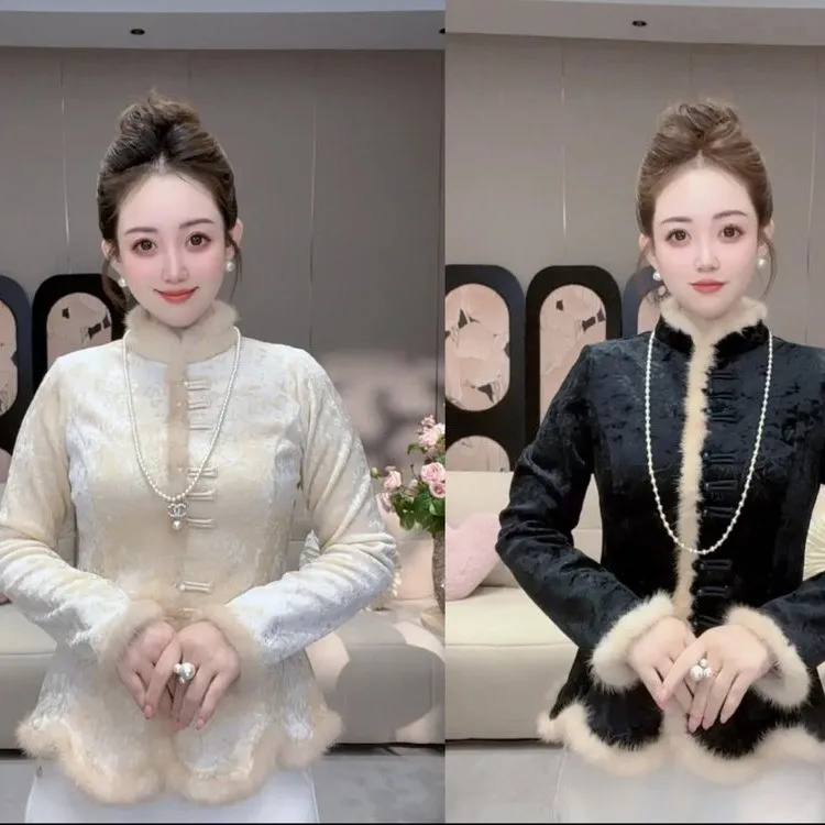 新中式加绒加厚提花盘扣收腰显瘦小衫国风保暖上衣新款潮牌女装