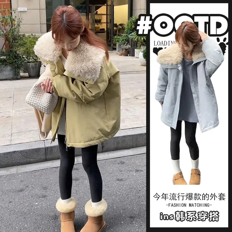 复古休闲百搭拼接羊羔翻领派克服秋冬新款加厚保暖冲锋衣棉服外套