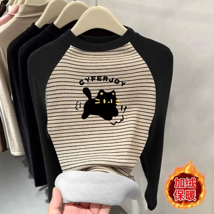 中大童加绒一体绒打底衫条纹拼接女童秋冬加厚保暖上衣卡通卫衣潮