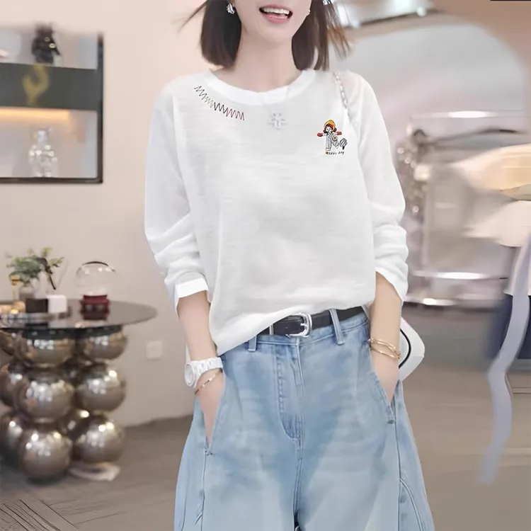 白色雪花棉长袖T恤女2025春秋新款宽松圆领体恤打底衫纯色上衣