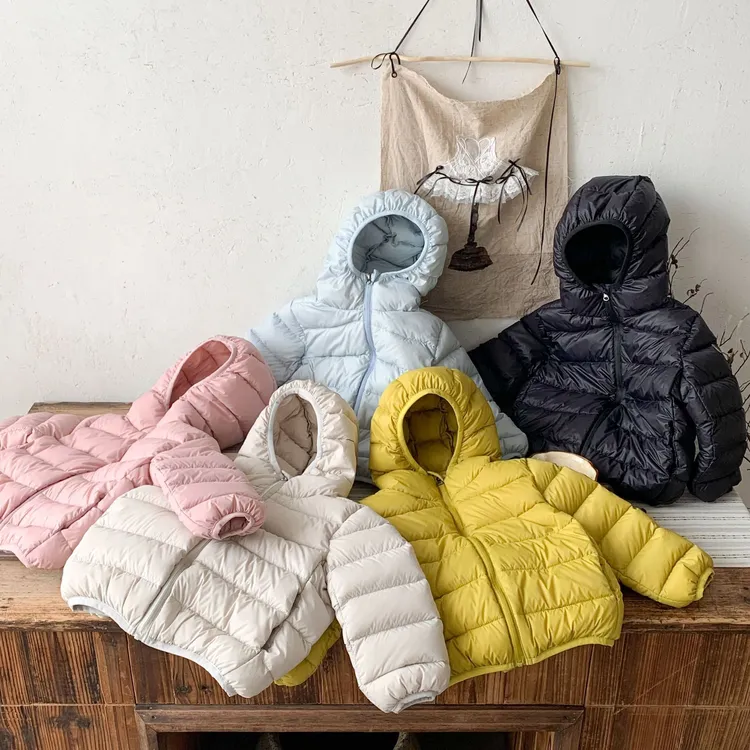 冬季新款儿童轻薄羽绒服男女童韩系90白鸭绒绗线连帽外套宝宝上衣