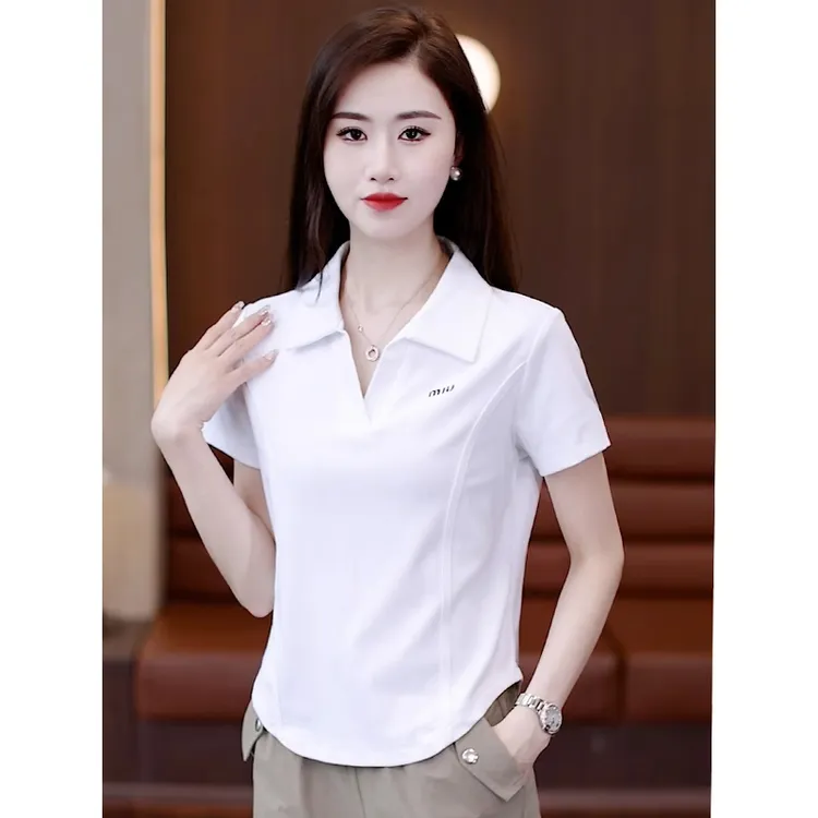 拉夏贝尔高级感新款修身显瘦长袖上衣2025年夏季POLO领短袖T恤女