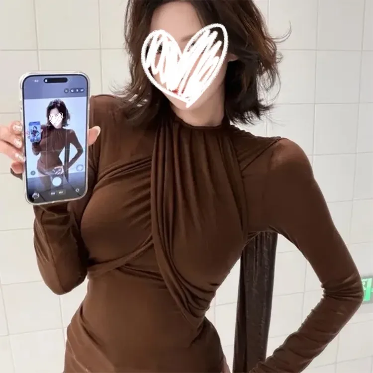 设计感别致交叉褶皱飘带内搭上衣女装秋冬修身辣妹长袖打底衫T恤