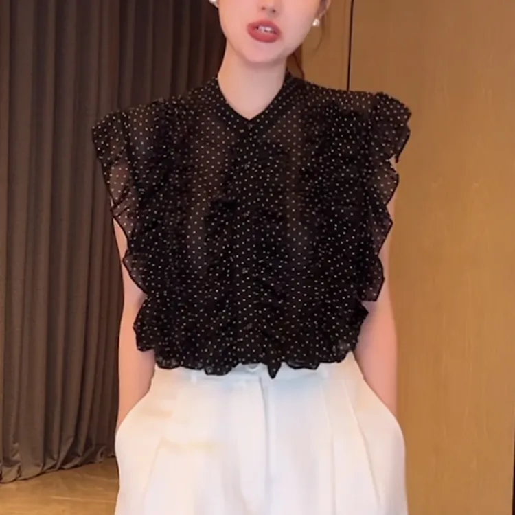 黑色波点气质无袖衬衫女夏季2025新款时尚显瘦减龄遮肉设计感上衣