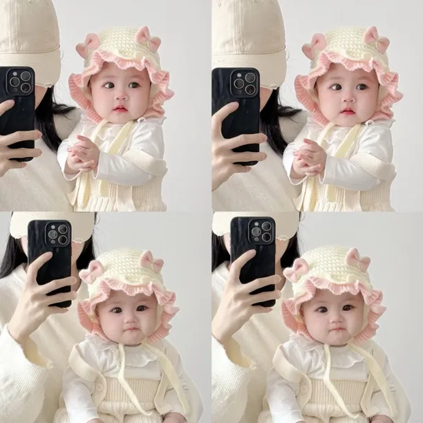 婴儿帽子秋冬款花边毛线帽可爱萌保暖护耳帽女宝宝针织套头帽潮