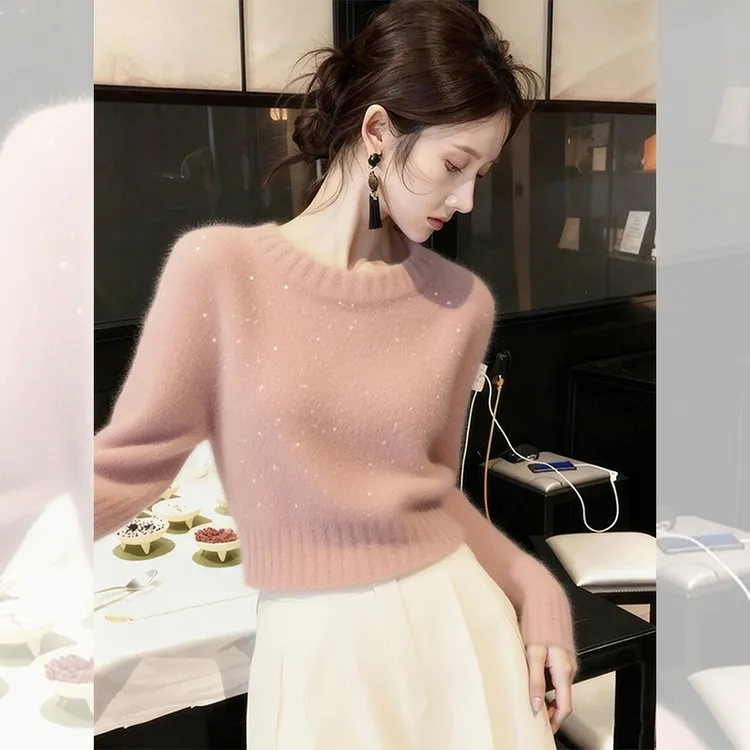 独特漂亮内搭粉色小衫打底毛衣女装秋冬新款洋气高贵针织衫上衣服