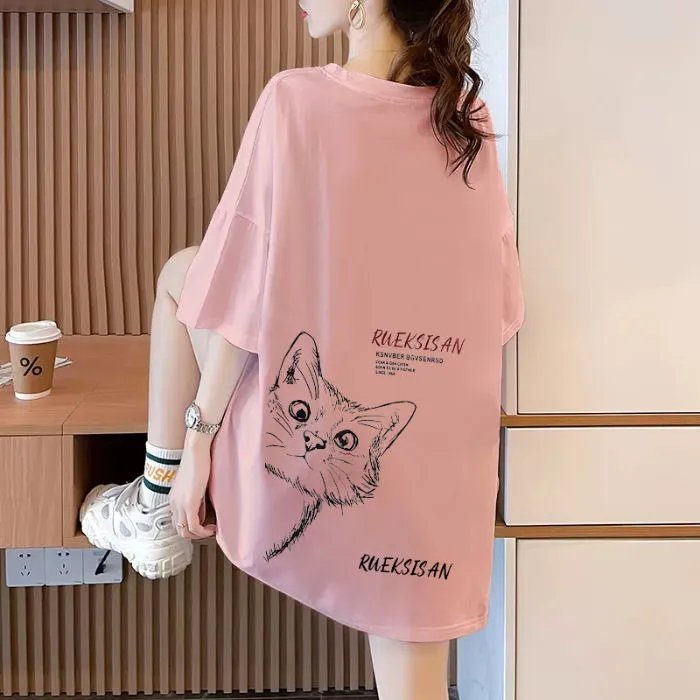 纯棉短袖t恤女ins潮2025新款夏季中长款卡通体恤宽松半袖大码女装