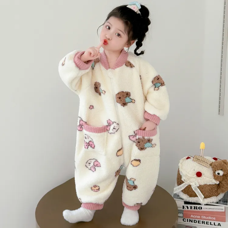 女童连体睡衣秋冬女宝宝婴儿防着凉睡袋爬服儿童冬款珊瑚绒家居服