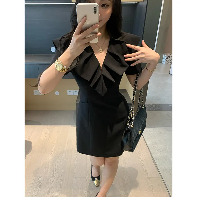 XINYI【奥黛丽日记】夏季大翻领连衣裙收腰显瘦气质裙X625Q04923