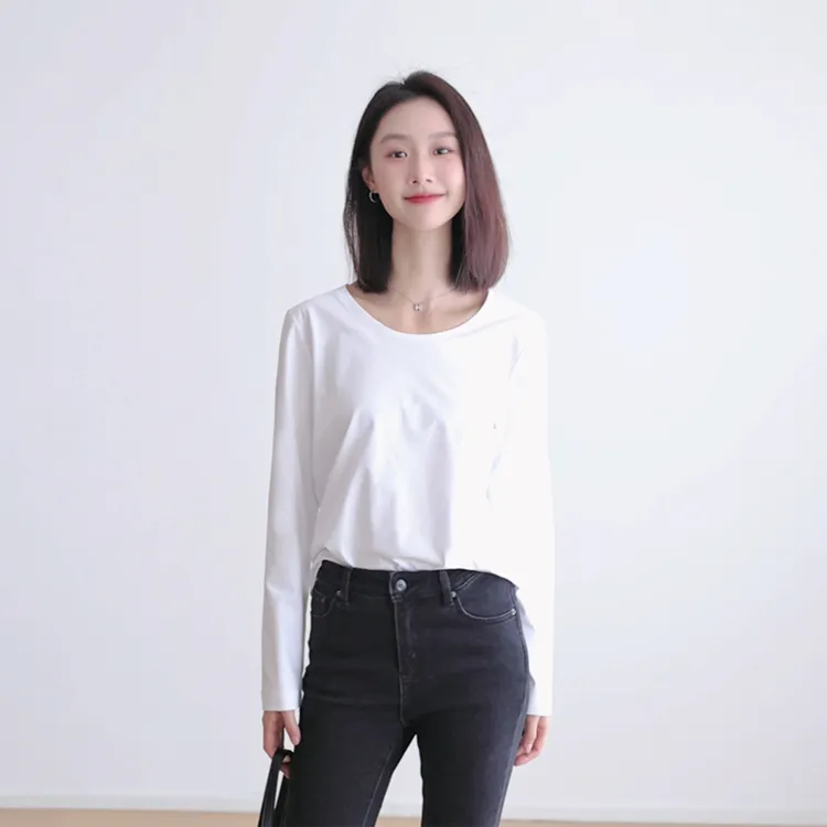 棉质露锁骨大U领T恤女长袖正肩外穿宽松通勤大圆领体恤打底衫上衣