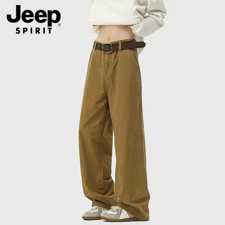 JEEPSPIRIT高级感卡其色裤子男款夏季宽松直筒纯棉工装阔腿休闲裤