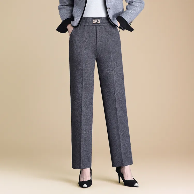 妈妈裤子秋冬高腰直筒休闲毛呢中年宽松加绒厚款长裤大码加厚弹力