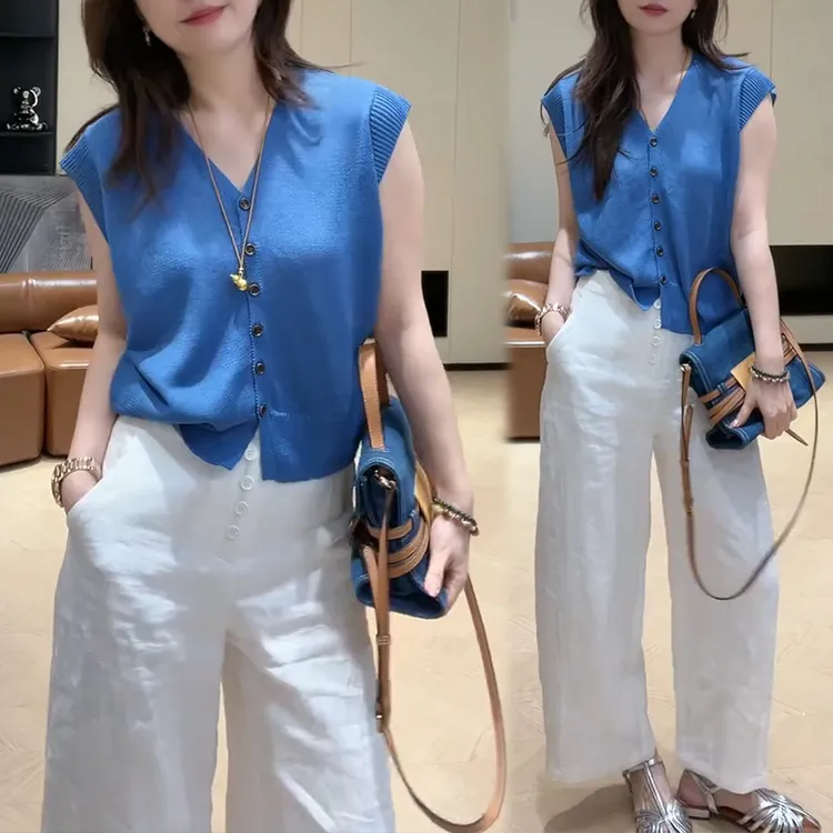夏日好看一整套女法式V领蓝色无袖针织衫背心休闲阔腿裤两件套装