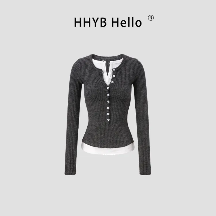 HHYB Hello假两件设计感圆领拼接上衣2025秋灰色针织衫女250726