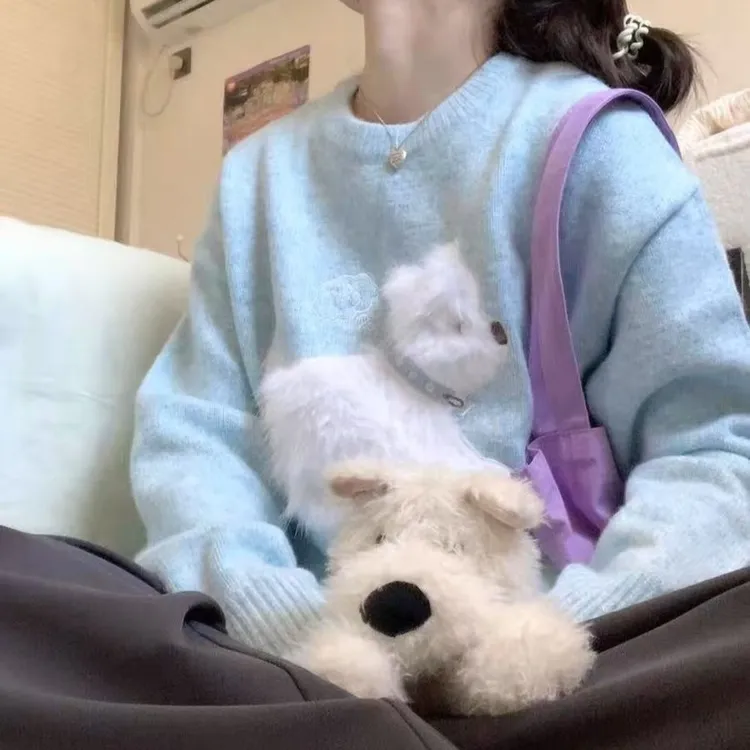 2025秋冬新款韩系休闲百搭毛绒小狗圆领打底毛衣卡通提花针织衫女