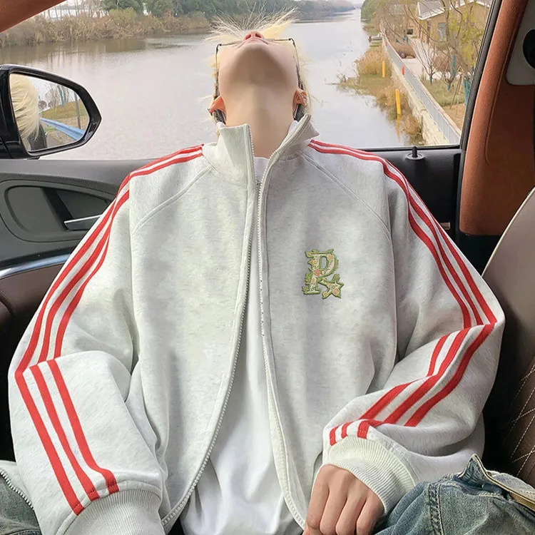 美式高街字母印花三条杠开衫拉链卫衣休闲百搭秋冬立领情侣外套