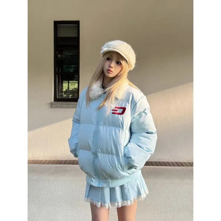 加厚翻领短款拼接毛领外套女新款宽松保暖面包服棉衣冬季