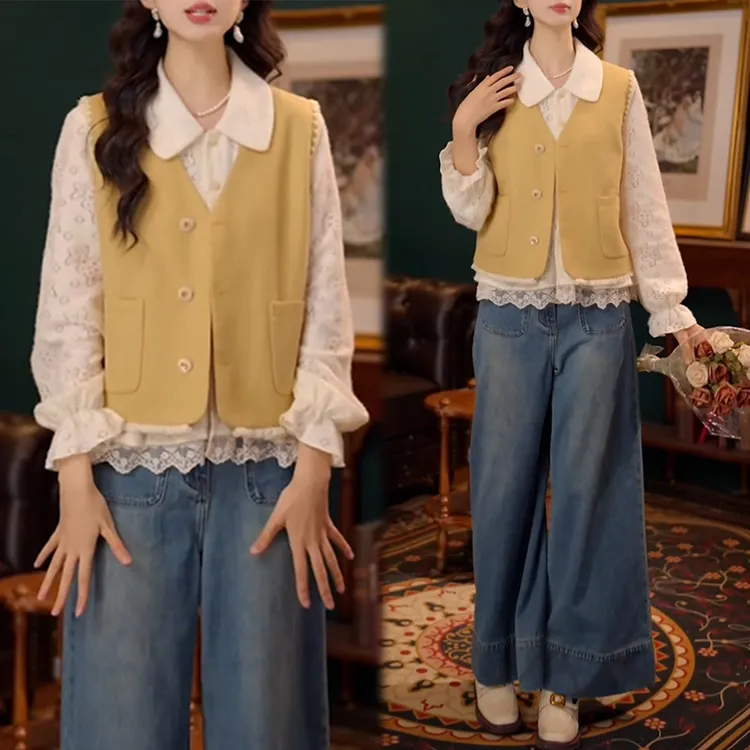 千金风气质时尚套装女2026春秋季提花镂空长袖衬衫马甲外套两件套