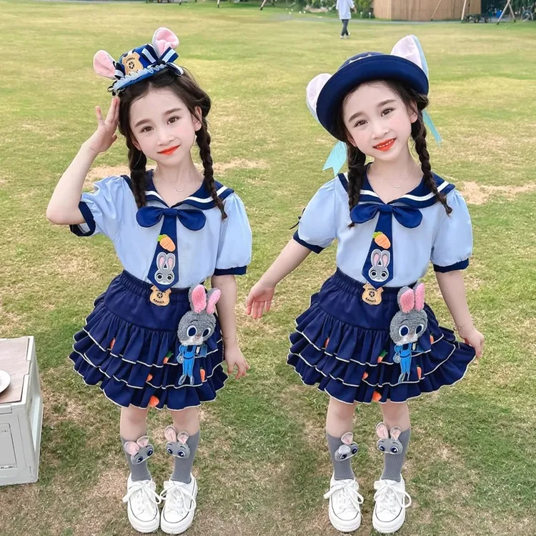 女宝宝迪士尼公主裙儿童洋气朱迪兔子警官夏装女童学院风jk裙套装
