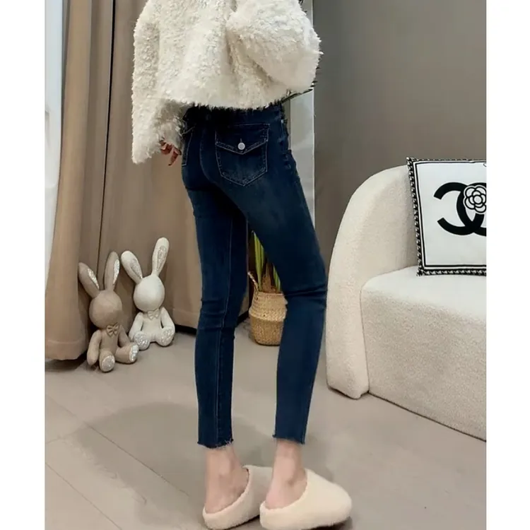 蓝色高腰小脚牛仔裤女秋季新款大码小个子弹力紧身显瘦九分铅笔裤