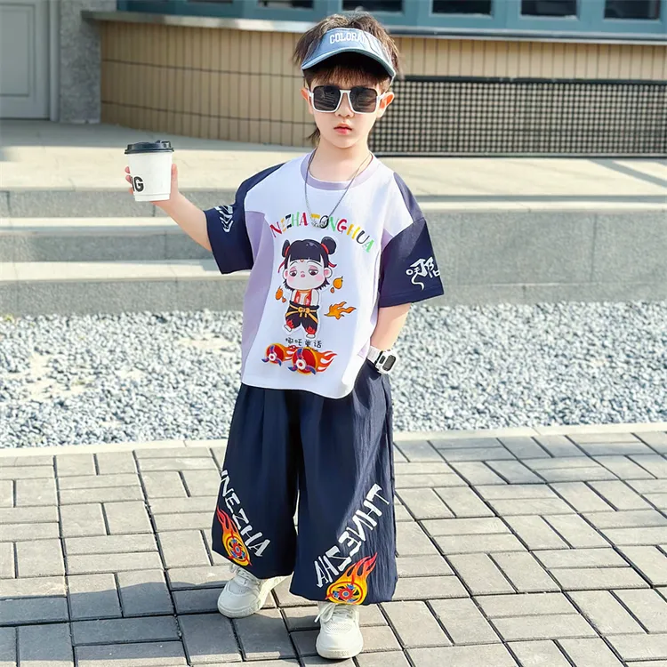 男童薄款夏季休闲风套头中国风哪吒套装夏装t恤男孩男童帅气洋气