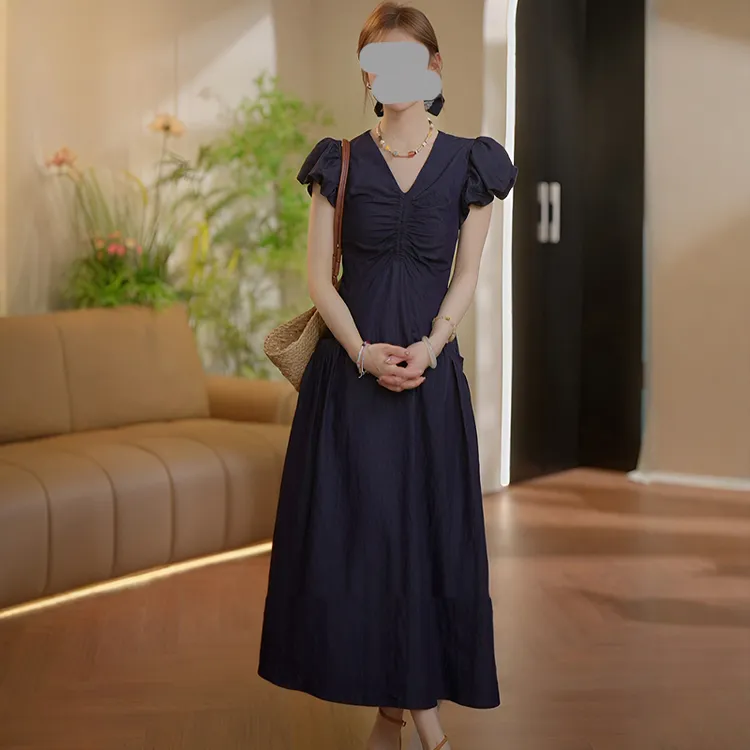 2025夏季新款设计感女新款法式抽绳设计短袖大口袋收腰显瘦连衣裙