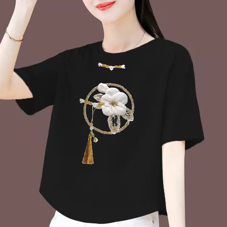 2025国风新中式时尚圆领T恤衫女夏新款设计感显瘦弧形下摆上衣ins