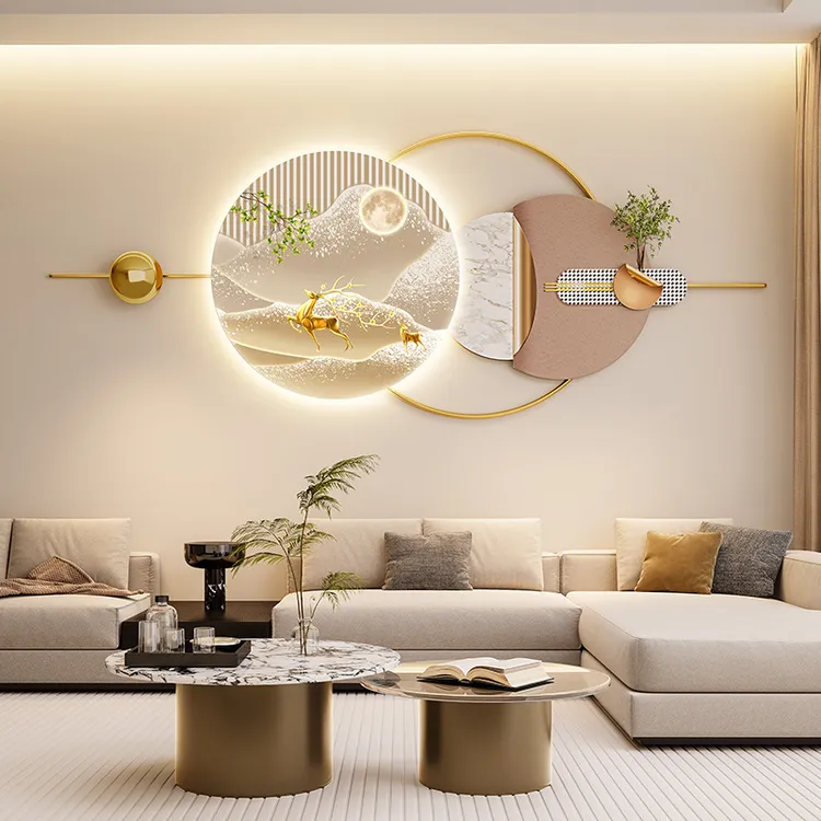 奕阳新款千鸟格客厅挂画LED发光装饰壁画石来运转高级感民宿酒店