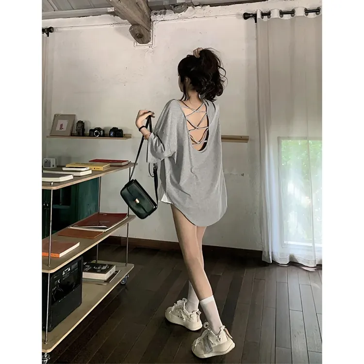 慵懒风性感小心机露背半袖T恤女夏季新款宽松显瘦独特漂亮上衣服