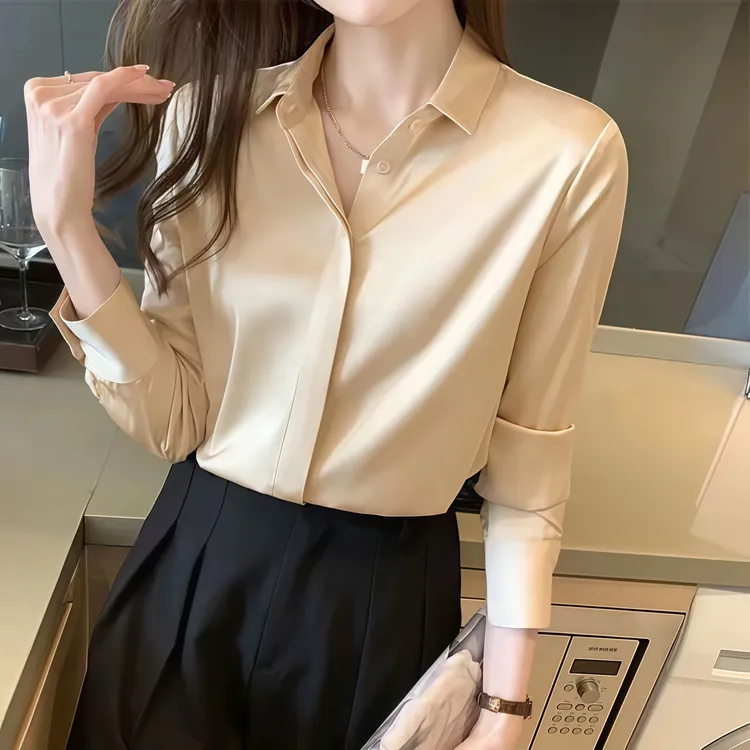 【古蒂歌品牌】高档女衬衫2025春秋醋酸缎面职业白衬衣纯色通勤上衣