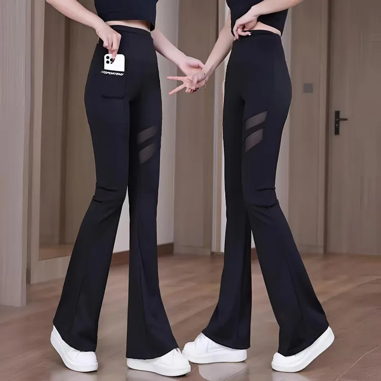 微喇裤女外穿春秋薄款高腰紧身收腹网纱口袋瑜伽裤显瘦喇叭鲨鱼裤