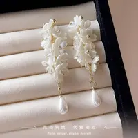 钨金仿珍珠项链 GC复古花长款仿珠流苏花瓣耳环气质高级感气质
