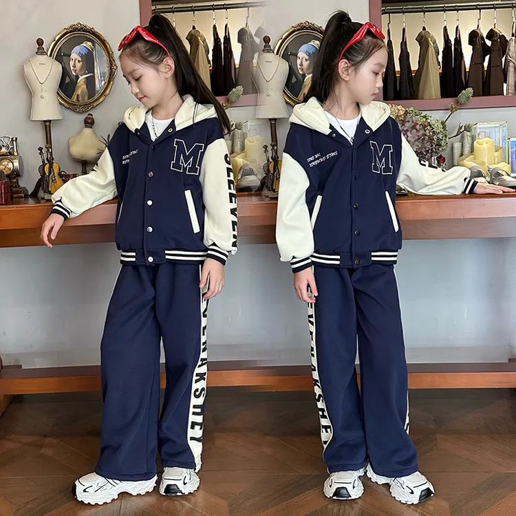女男加绒休闲字母运动冬季学院风套装2025新款中大童洋气棒球服