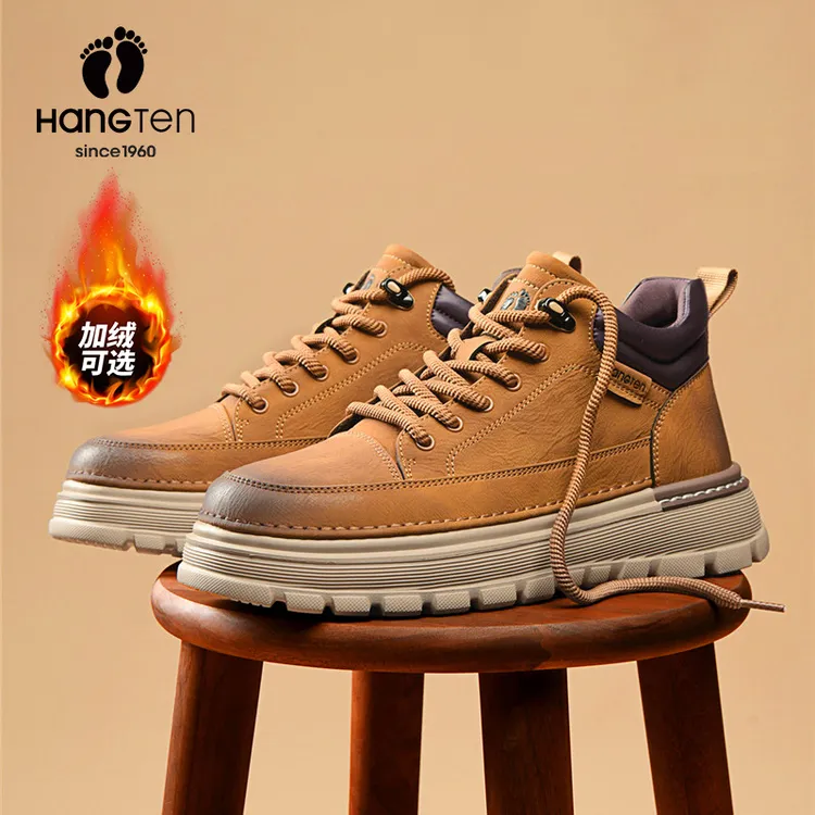 美国欢腾男鞋2025冬季新款加绒保暖擦色工装鞋厚底增高男马丁靴子商品图