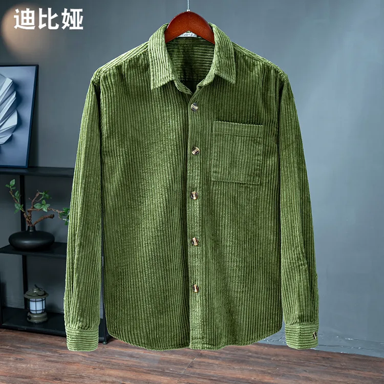 迪比娅秋季痞帅重磅粗条灯芯绒长袖衬衫男全棉复古街头帅气衬衣Y